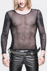 Schwarzes Punk-T-Shirt für Herren in Rautenform aus Mesh mit Rundhalsausschnitt und langen Ärmeln